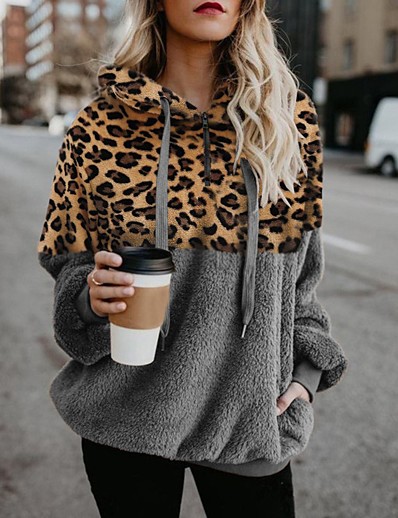 cheap Women&#039;s Outerwear-Women&#039;s Leopard Cheetah Print Brown Pullover Hoodie Sweatshirt Teddy Coat Quarter Zip Other Prints Daily Basic Hoodies Sweatshirts  Army Green Black Gray