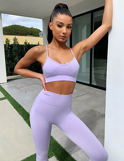 cheap Sportswear-Women&#039;s Tracksuit Yoga Suit 2pcs Wirefree Summer Tights Bra Top Clothing Suit Solid Color rice white Purple Yoga Fitness Gym Workout Nylon Tummy Control Butt Lift Quick Dry Sport Activewear High
