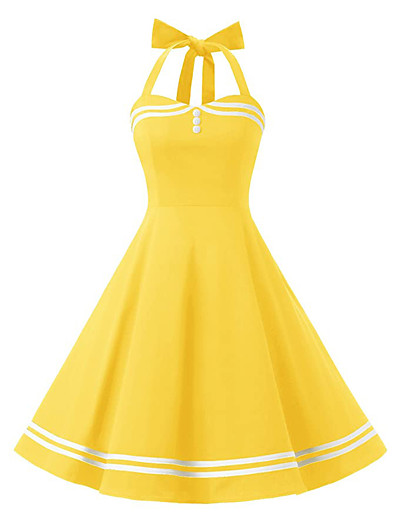 cheap DRESSES-Women's Swing Dress Knee Length Dress Sleeveless Polka Dot Solid Color Zipper Patchwork Button Summer Vintage Cotton 2021 Black Blue Yellow Light Blue S M L XL XXL