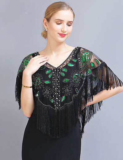 cheap Cosplay &amp; Costumes-The Great Gatsby Roaring 20s 1920s Vintage Cloak Party Costume Masquerade Halloween Costumes All Seasons Adults&#039; Women&#039;s Tulle Polyester Sequins Tassel Fringe Costume Black / Red / Green / Black