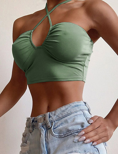 cheap Tank Tops-Women&#039;s Holiday Camisole Crop Top Tank Top Solid Colored Drawstring Halter Neck Basic Vacation Sexy Tops Green White Black