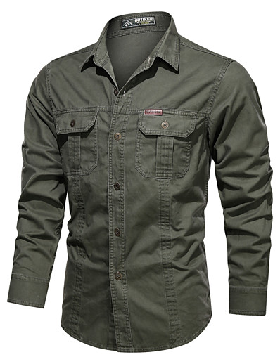 cheap Men-Men&#039;s Shirt Solid Colored Collar Button Down Collar Daily Long Sleeve Tops Cotton Basic Black Army Green Khaki
