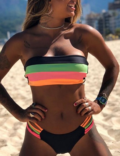 cheap Bikini Sets-Women&#039;s Bikini Swimsuit High Waist Rainbow Swimwear Padded Strapless Bathing Suits Sexy