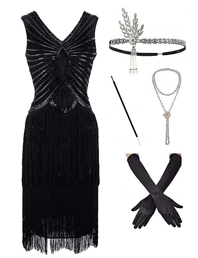 cheap Cosplay &amp; Costumes-The Great Gatsby Roaring 20s 1920s Vintage Vacation Dress Flapper Dress Outfits Masquerade Prom Dress Women&#039;s Tassel Fringe Costume Black Vintage Cosplay Party Prom / Gloves / Headwear / Necklace