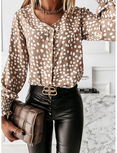 cheap Women-Women&#039;s Blouse Shirt Polka Dot V Neck Pleated Print Basic Tops Loose Black Khaki Brown