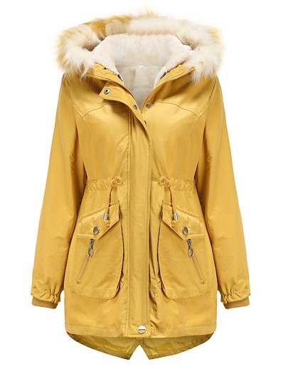 cheap Down&amp; Parkas-Women&#039;s Parka Long Coat Loose Jacket Solid Colored Yellow Blushing Pink Army Green