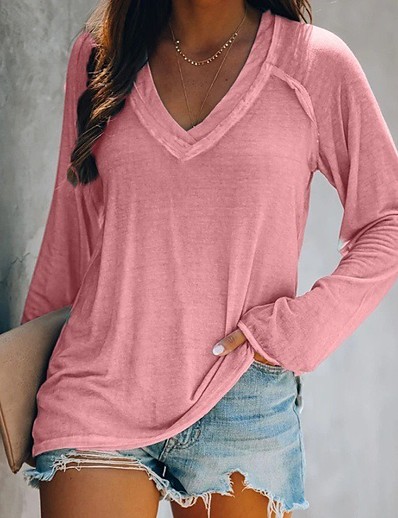 cheap Women-Women&#039;s T shirt Plain Solid Colored V Neck Patchwork Basic Tops Loose Blue Blushing Pink Gray