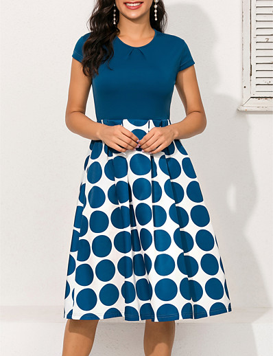 cheap Elegant Dresses-Women&#039;s A-Line Dress Knee Length Dress Short Sleeve Polka Dot Print Geometric Ruched Patchwork Print Spring &amp; Summer 1950s Hot Elegant 2021 Blue S M L XL XXL