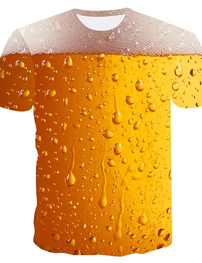 baratos 3D Masculino-Homens Camiseta Camisa Social Bloco de cor 3D Cerveja Decote Redondo Tamanho Grande Para Noite Final de semana Manga Curta Blusas Básico Amarelo