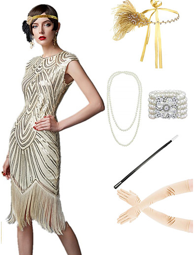 cheap Cosplay &amp; Costumes-The Great Gatsby Roaring 20s 1920s Vintage Vacation Dress Flapper Dress Outfits Masquerade Prom Dress Women&#039;s Tassel Fringe Costume Golden yellow / Golden / Silver+Gray Vintage Cosplay Party Prom