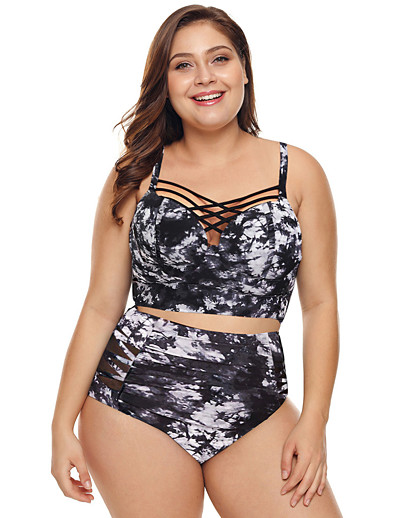 cheap Bikini Sets-Women&#039;s Bikini Swimsuit High Waist Cut Out Mesh White Blue Purple Plus Size Swimwear Padded Strap Bathing Suits / Print