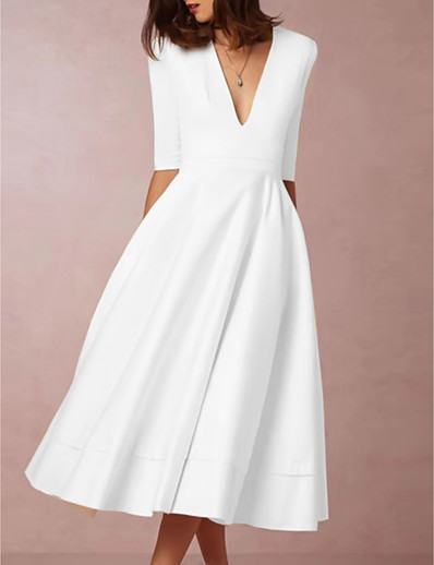 cheap Elegant Dresses-Women&#039;s Swing Dress Midi Dress Half Sleeve Hot White S M L XL XXL 3XL