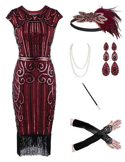 cheap Cosplay &amp; Costumes-The Great Gatsby Roaring 20s 1920s Vintage Vacation Dress Flapper Dress Outfits Masquerade Christmas Dress Women&#039;s Tassel Fringe Costume Red / black / Coral Red / Red Vintage Cosplay Party Prom