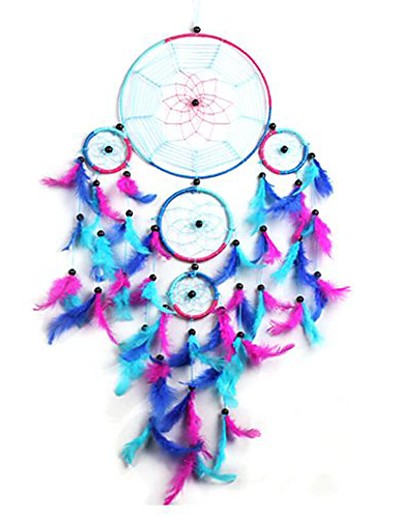 cheap Basic Collection-Boho Dream Catcher Handmade Gift Wall Hanging Decor Art Ornament Craft Feather 5 Circles for Kids Bedroom Wedding Festival 75*22cm