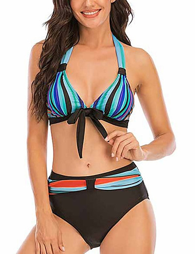 cheap Bikini Sets-Women&#039;s Bikini Swimsuit High Waist Bow Rainbow Blue Red Green Swimwear Padded Bathing Suits Fashion Sexy