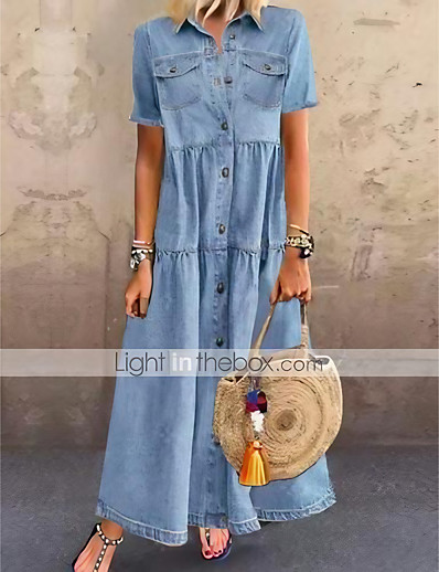 Χαμηλού Κόστους Κολεξιόν μεγάλα μεγέθη-Γυναικεία Φόρεμα τζιν πουκάμισο Μακρύ φόρεμα Σκούρο μπλε Μπλε Απαλό Κοντομάνικο Συμπαγές Χρώμα Τσέπη Κουμπί Άνοιξη Καλοκαίρι Κολάρο Πουκαμίσου καυτό Καθημερινό Βίντατζ φορέματα διακοπών 2021 Τ M L XL