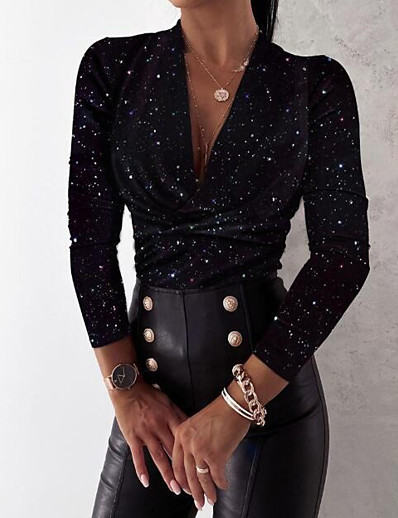 hesapli KADIN-Kadın&#039;s Bluz Gömlek Yuvarlak Noktalı Leopar Grafik Baskılar Uzun Kollu Kırk Yama Desen V Yaka Temel Üstler Beyaz Siyah Kahverengi