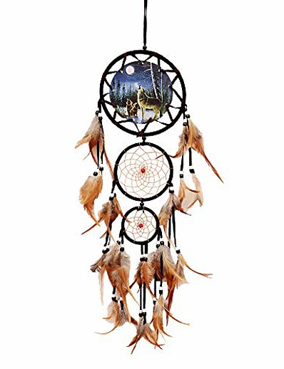 cheap Basic Collection-Boho Dream Catcher Handmade Gift Wall Hanging Decor Art Ornament Craft Feather 3 Circles Wolf for Kids Bedroom Wedding Festival 75*16cm