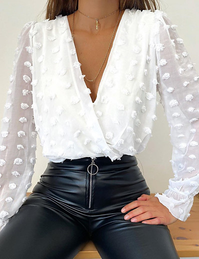 Χαμηλού Κόστους Μπλούζες και πουκάμισα-Γυναικεία Μπλούζα Κορυφή ματιών Ελβετική μπλούζα με κουκκίδες Μακρυμάνικο Φλοράλ Πουά Καρδιά Λαιμόκοψη V Δαντέλα Βασικό Άριστος Λεπτό Χακί Λευκό Μαύρο