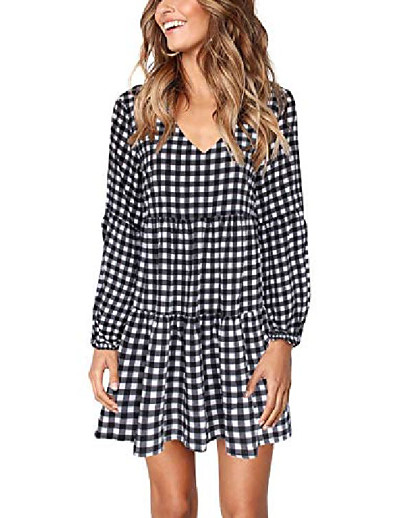 cheap DRESSES-womens long sleeve shift dress v neck plaid cute fall swing dress white l