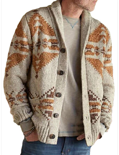 cheap Men-Men&#039;s Unisex Cardigan Jacquard Geometric Vintage Style Retro Knitted Stylish Sweaters Long Sleeve Sweater Cardigans Fall Winter Shirt Collar Khaki