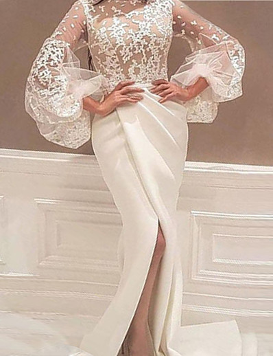 cheap Elegant Dresses-Women&#039;s Sheath Dress Maxi long Dress Long Sleeve Solid Color Split Mesh Lace Fall Sexy Flare Cuff Sleeve 2021 White S M L XL XXL