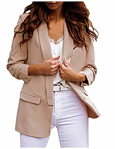 저렴한 블레이저-여성 캐주얼 블레이저 자켓 단색 옷깃 몸집이 작은 정장 긴 소매 오픈 프론트 카디건 코트 베이지