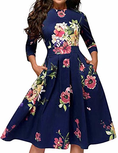 cheap DRESSES-dresses for women casual summer, women&#039;s floral vintage dress elegant midi evening dress 3/4 sleeves