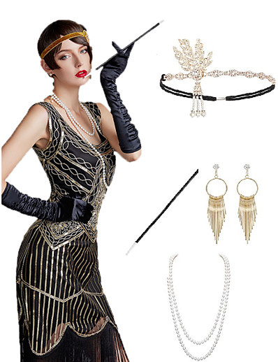 cheap Cosplay &amp; Costumes-The Great Gatsby Charleston Roaring 20s 1920s The Great Gatsby Costume Accessory Sets Gloves Flapper Headband Halloween Costumes Women&#039;s Tassel Fringe Costume Head Jewelry Earrings Pearl Necklace