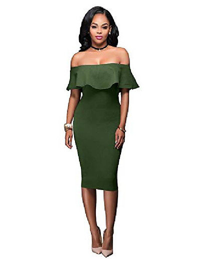 cheap DRESSES-women sexy off the shoulder ruffle slim fit bodycon cocktail party midi dress white m
