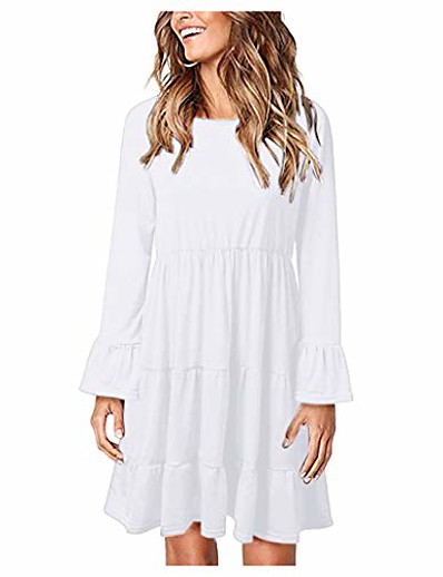 cheap DRESSES-women&#039;s round neck long sleeve pleated waist casual princess dress (white, s)