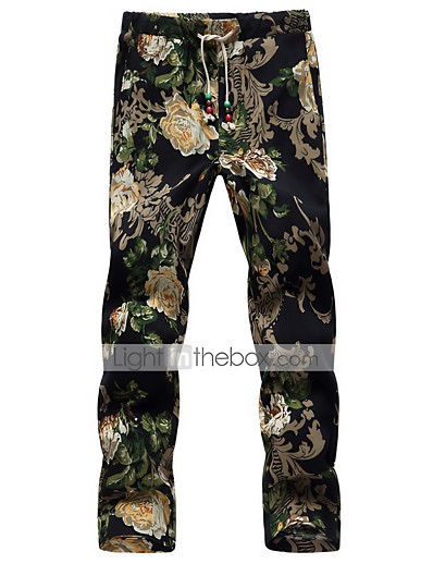 tanie Męskie spodnie i szorty-męskie hipsterskie nadruki w pasie ściągane sznurkiem spodnie w kwiaty kolorowe spodnie do kostek w pasie ze sznurkiem prosta nogawka