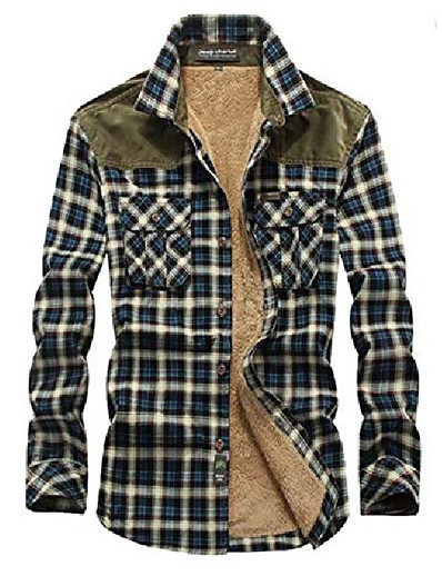 baratos Casacos de Homem-jaqueta masculina de flanela xadrez com forro de lã sherpa quente (toda forrada de lã sherpa)