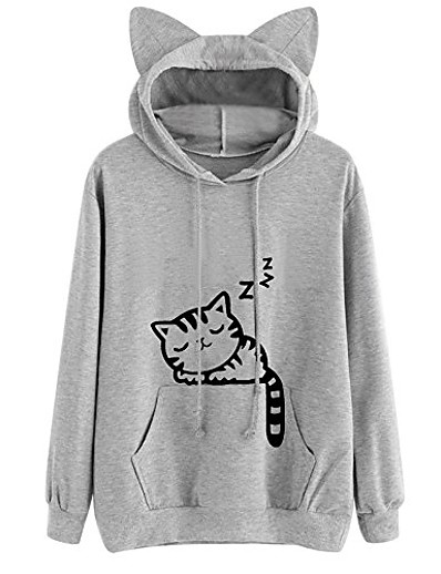cheap Hoodies &amp; Sweatshirts-women&#039;s cute cat ear printed long sleeve hoodies casual loose hooded sweatshirts sweaters pullover tops shirts gray