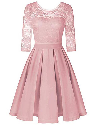 cheap DRESSES-women&#039;s sexy vintage floral 3/4 sleeve solid color slim fit wedding cocktail party lace midi dress pink