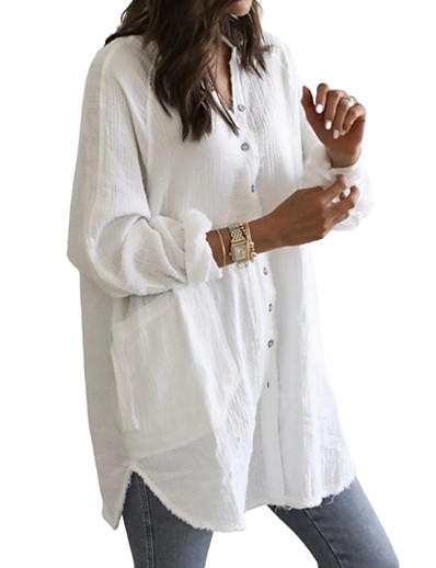 cheap DRESSES-Women&#039;s Shirt Dress Short Mini Dress Long Sleeve Solid Color Patchwork Summer 1920s 2021 White Blue Brown S M L XL