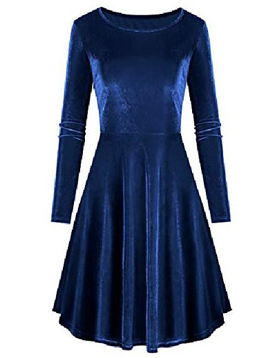 cheap DRESSES-long sleeve navy velvet dress for women a-line swing skater mini dress navy blue xl