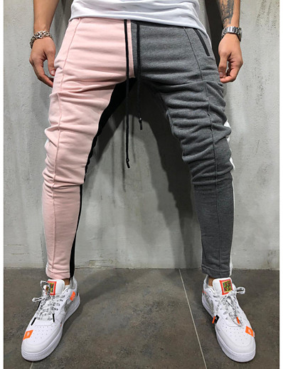 cheap Sportswear-men&#039;s pants casual slim fit color block joggers exercise sweatpants hiphop trousers with pockets plus size pink