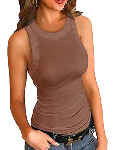 cheap Tank Tops-womens round neck tops sleeveless solid color sexy tank top,brown,m