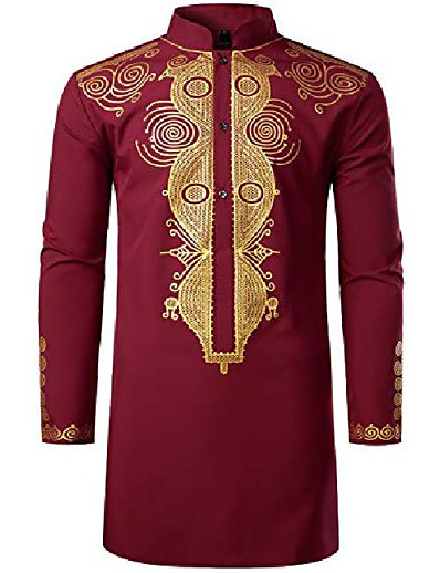 cheap Men-men&#039;s african traditional dashiki luxury metallic gold printed mid long wedding shirt burgundy x-large