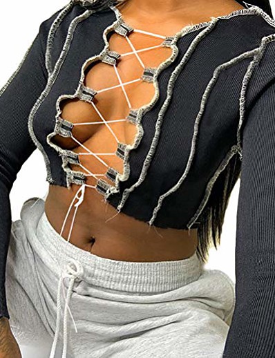 baratos Regatas-Camiseta feminina de renda na frente de manga comprida crop top criss cross com nervuras camiseta preta