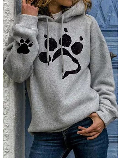 hesapli Kapüşonlular ve Sweatshirtler-Kadın&#039;s Kedi Köpek Kalp Kapüşonlu Giyecek Kenara çekmek Desen Günlük Temel Kapüşonlular Tişörtü Siyah kedi Gümüş Açık Gri
