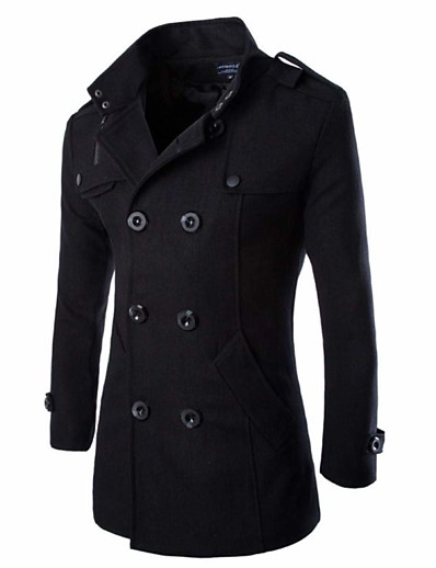 cheap Men-men&#039;s mid long wool woolen pea coat double breasted stand collar overcoat winter trench coat (black, m=asian m)