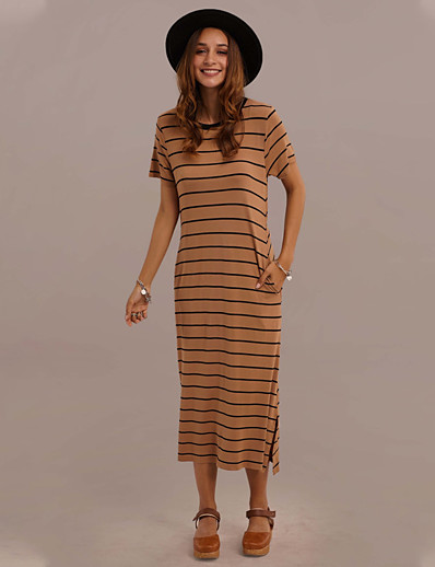 cheap Elegant Dresses-Women&#039;s Shift Dress Midi Dress Short Sleeve Striped Patchwork Print Fall Spring Work Casual 2021 White Black XXS XS S M L XL XXL 3XL