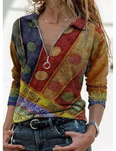 hesapli Kapüşonlular ve Sweatshirtler-Kadın&#039;s Bluz Gömlek Uzun Kollu Geometrik Boho Gömlek Yaka Fermuar Temel Boho Üstler Havuz Mor Sarı