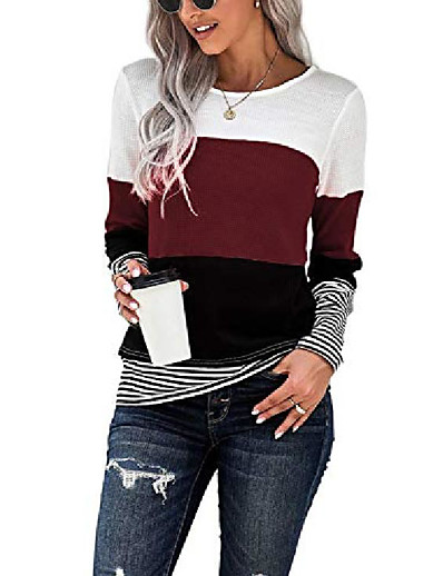 저렴한 기본 티 &amp;티셔츠-여성 긴 소매 크루 넥 귀여운 튜닉 컬러 블록 느슨한 맞춤 t 셔츠 유행 탑스 컬러 스트라이프 셔츠 와인 레드 대형