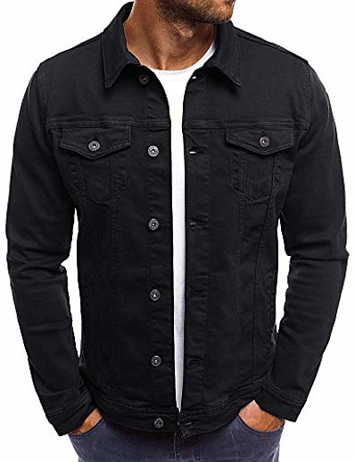 hesapli Erkek Dış Giyimi-erkek sonbahar kış düğmesi düz renk eski kot ceket bluz ceket üst hırka dış giyim (siyah, m) tops