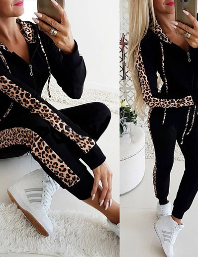 cheap Running, Jogging &amp; Walking-Women&#039;s 2 Piece Full Zip Tracksuit Sweatsuit Casual Athleisure 2pcs Winter Long Sleeve Thermal Warm Breathable Soft Fitness Gym Workout Jogging Training Sportswear Leopard Normal Track pants White