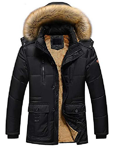 お買い得  レディースダウン&amp;パーカー-メンズの冬の防寒シェルパは、代替のパーカージャケットの取り外し可能なファーフード(大、10-黒)を裏打ちしました