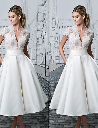 Χαμηλού Κόστους Τάσεις της μόδας 2022-Γυναικεία Φόρεμα ριχτό από τη μέση και κάτω Μίντι φόρεμα Λευκό Κοντομάνικο Συμπαγές Χρώμα Δαντέλα Κουρελού Άνοιξη Λαιμόκοψη V Σέξι Πάρτι Λεπτό 2021 Τ M L XL XXL 3XL